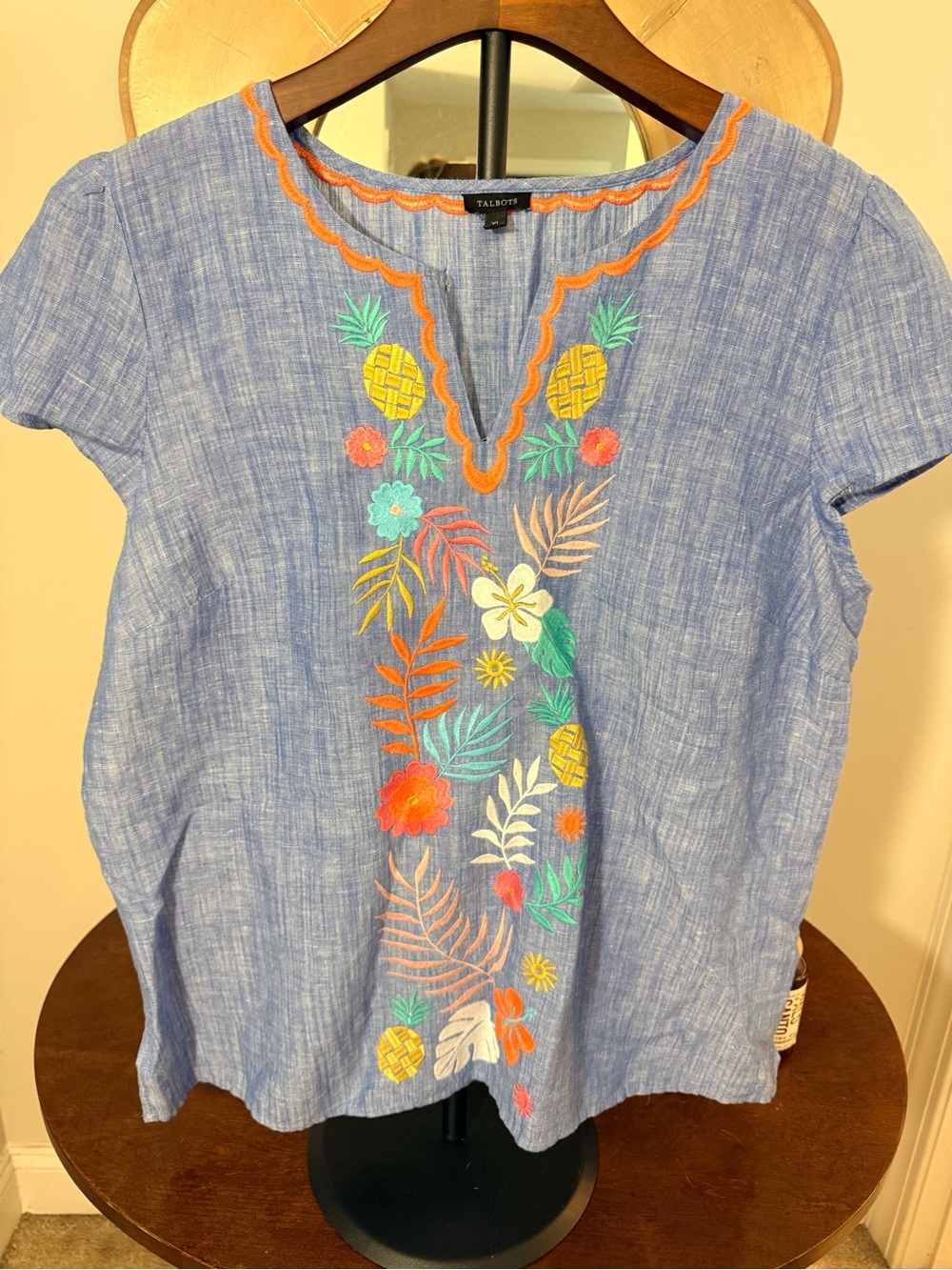 Talbots LNC Blue Blue Embroidered Linen-Blend Cap Slv Top Coastal CottageCore